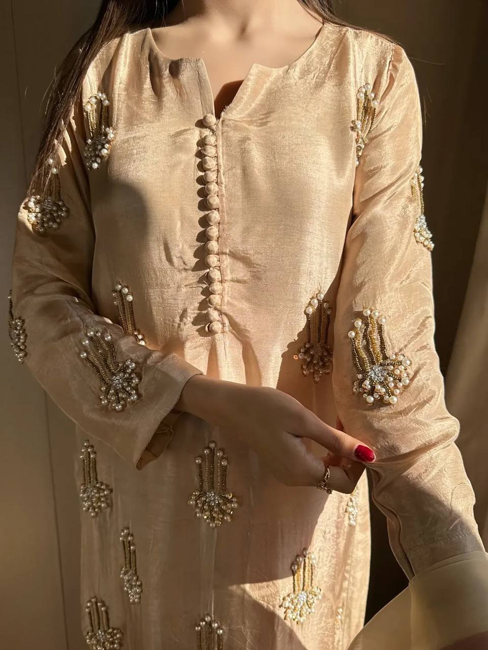 Modern Pearl-Drop Two-Tone Silk Suit